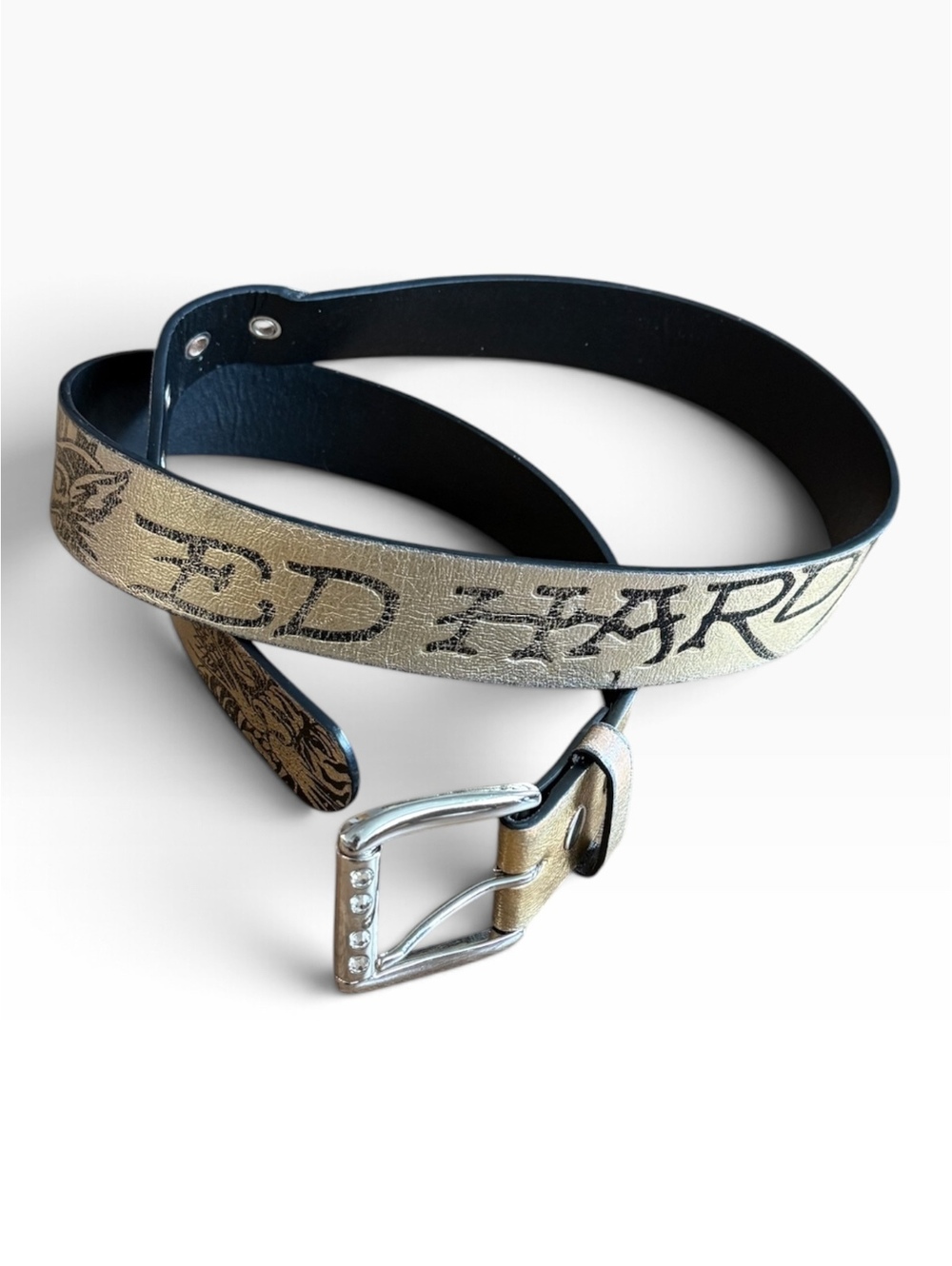 Ed Hardy Metallic Gold Tiger Tattoo Graphic Belt with Rhinestone Buckle Size 38